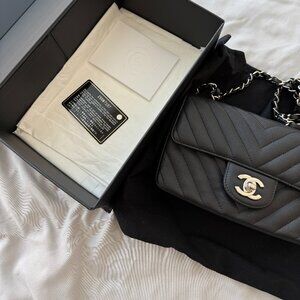 Chanel Black Caviar Chevron Quilted Rectangular Mini Flap Bag Silver